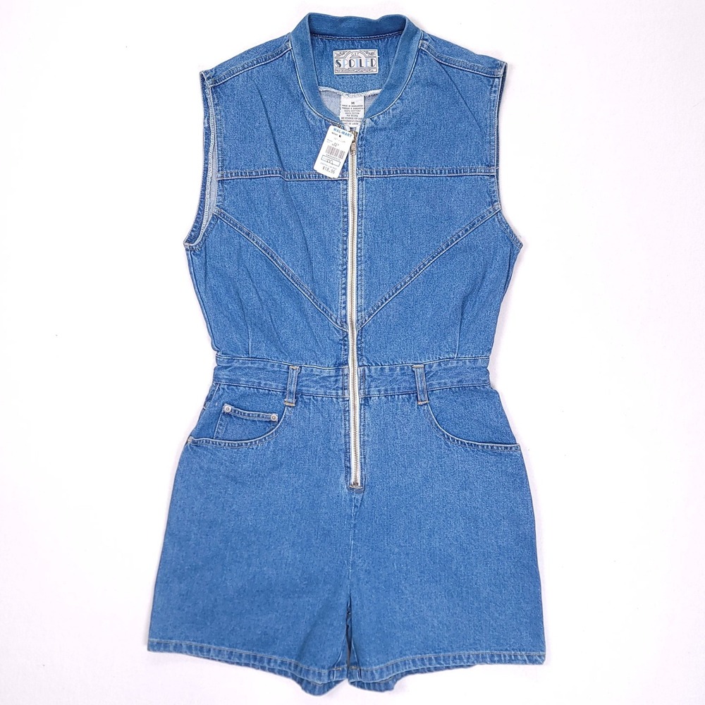 Get Spoiled Vintage Denim Romper Sleeveless Zip Front Blue Medium Wash Womens M